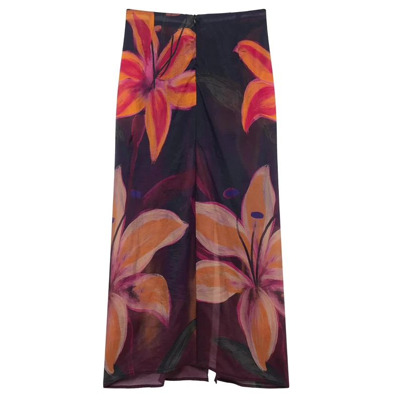 HXAO Lange Röcke mit Blumenmuster für Damen, Sommerdruck, schwarzer Midirock, Boho-Falten, geknoteter Strandrock, eleganter Split-Wickel-Bleistiftrock