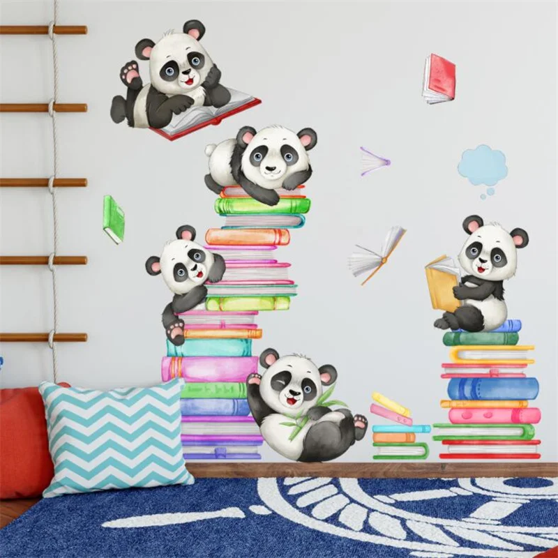 Cute Animal Panda Book Wall Stickers For Kids Nursery Decor Reading Room Decoration Student Library Decal Classroom Mural Poster