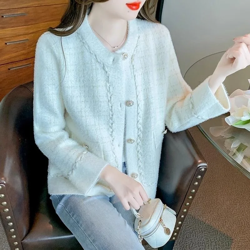 Karierte, kontrastierende Rundhals-Herbst- und Winter-Damen-Strickjacke mit Knöpfen und langen Ärmeln, modisches und elegantes Oberteil