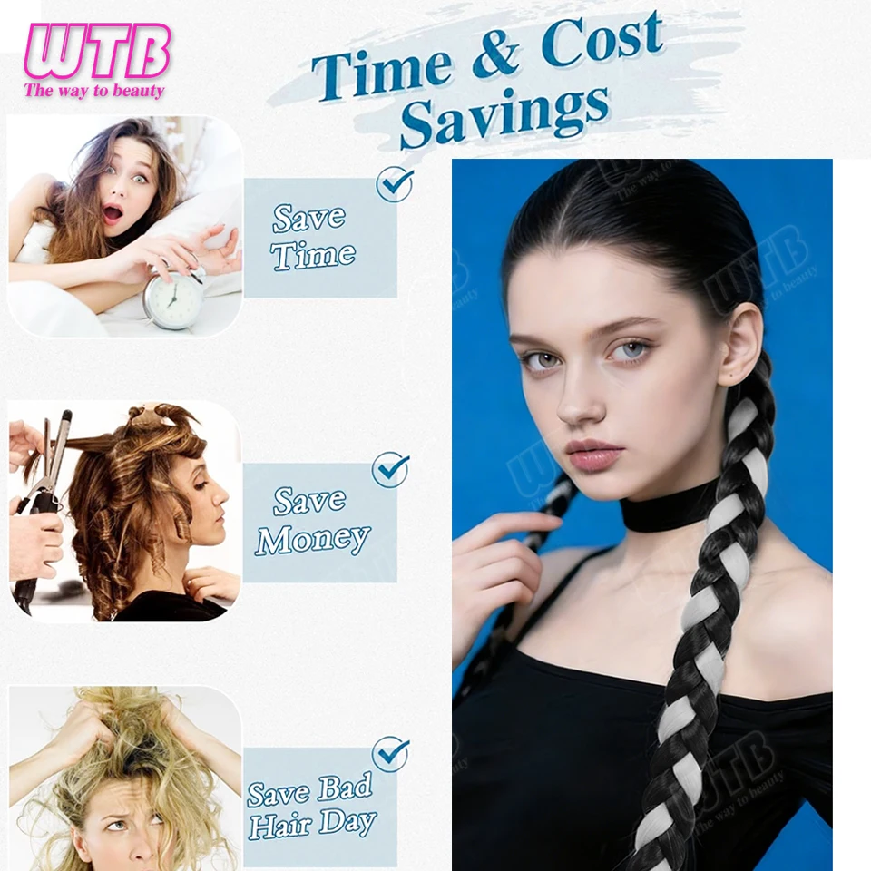 Synthetic Braided Wig Black with Highlights Silver Gray Elastic Band Style Braided Ponytail Wig Suitable for Women's Daily Wear