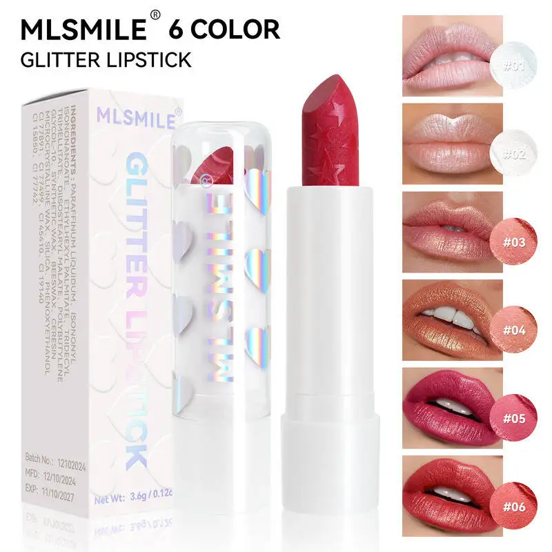 MLSMILE 6-Farben Star Pearl Feuchtigkeitsspendender, einfach aufzutragender, fein schimmernder, weißer Valentinstag-Lippenstift-Lippenbalsam