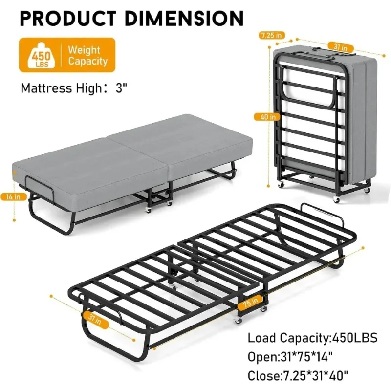 Folding Bed with Mattress, Portable Foldable Bed for Adults, Roll Away Guest on Wheels, Memory Foam Mattress and Metal Frame
