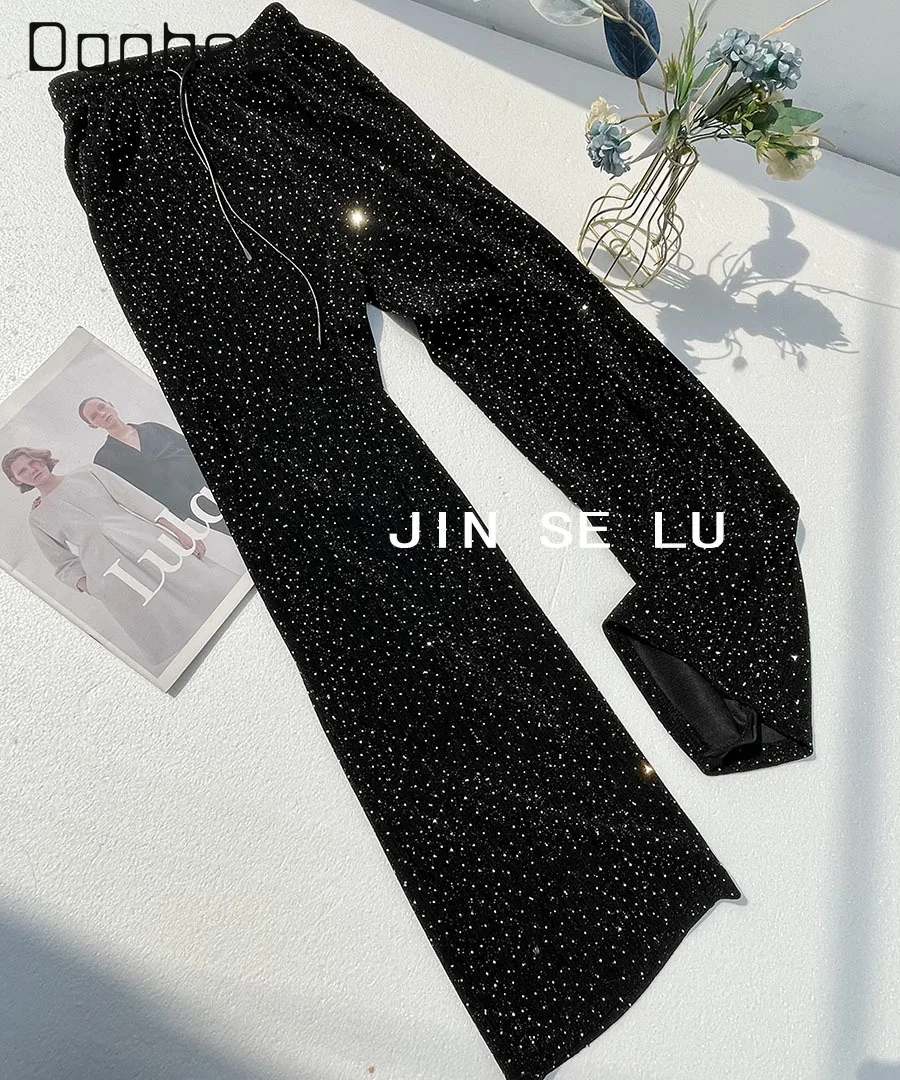 2024 Spring Summer Rhinestone Bright Silk Wide-Leg Pants Women High Waist Loose Drooping Temperament Pants Female Casual Pants