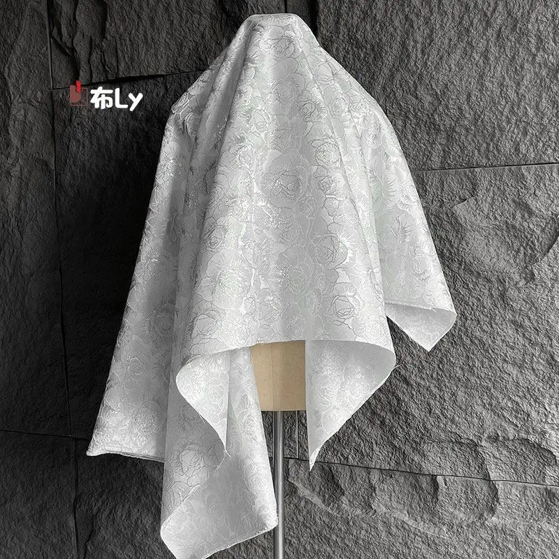 Silver Rose Large Jacquard Textured Fabric for Designer Luxury Skirt Coat Bag Remake Sewing Material