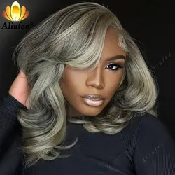 Transparent Full 13X4 Lace Frontal Wig Bob Wave Wig Gray Ash Blonde Highlight Wig Short Bob Human Hair Preplucked Wigs For Women