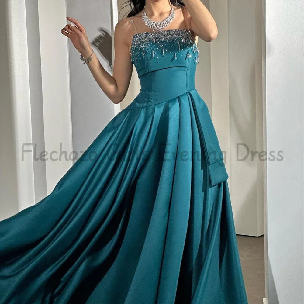 Flechazo Modern Beading Side Slit Evening Dress Strapless Sleeveless A-Line Floor Length with Draped Women Formal Occasion Gowns