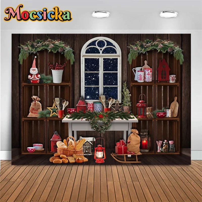 Mocsicka Christmas Decoration Photography Background Vintage Wood Cabinet Window Night Sky Star Gift Lights Photo Backdrop Props