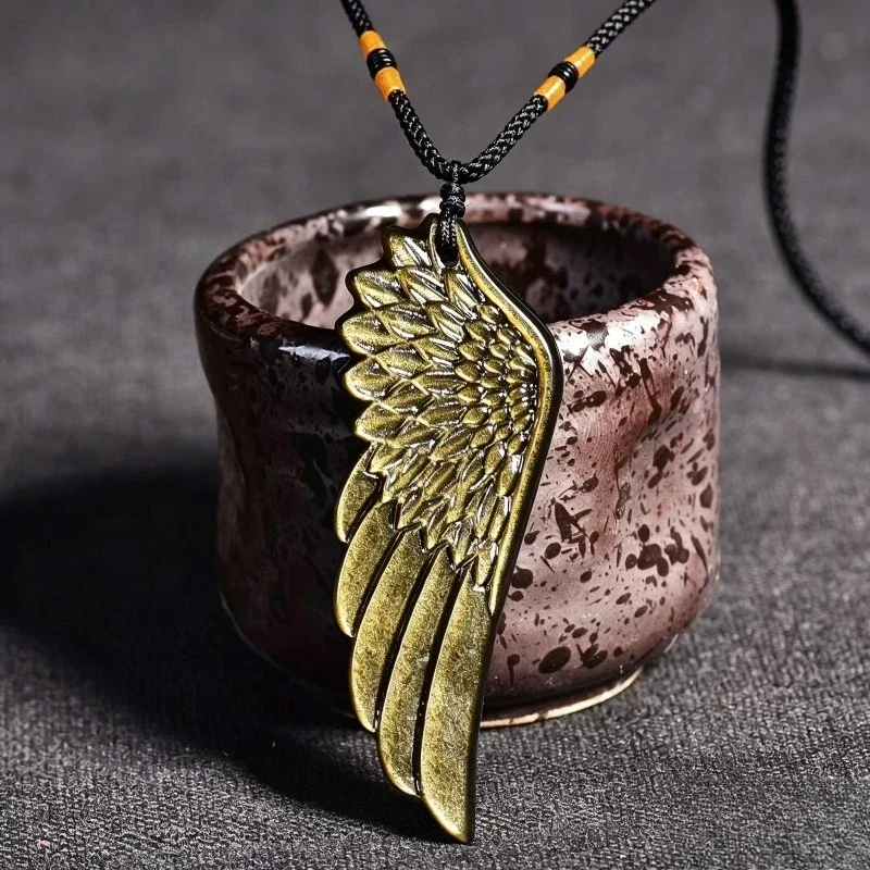 Gold Obsidian Angel's Wings Pendant Necklace - Loose Gemstones Handmade Wing-Shaped Mineral Stone Suitable for Women & Men