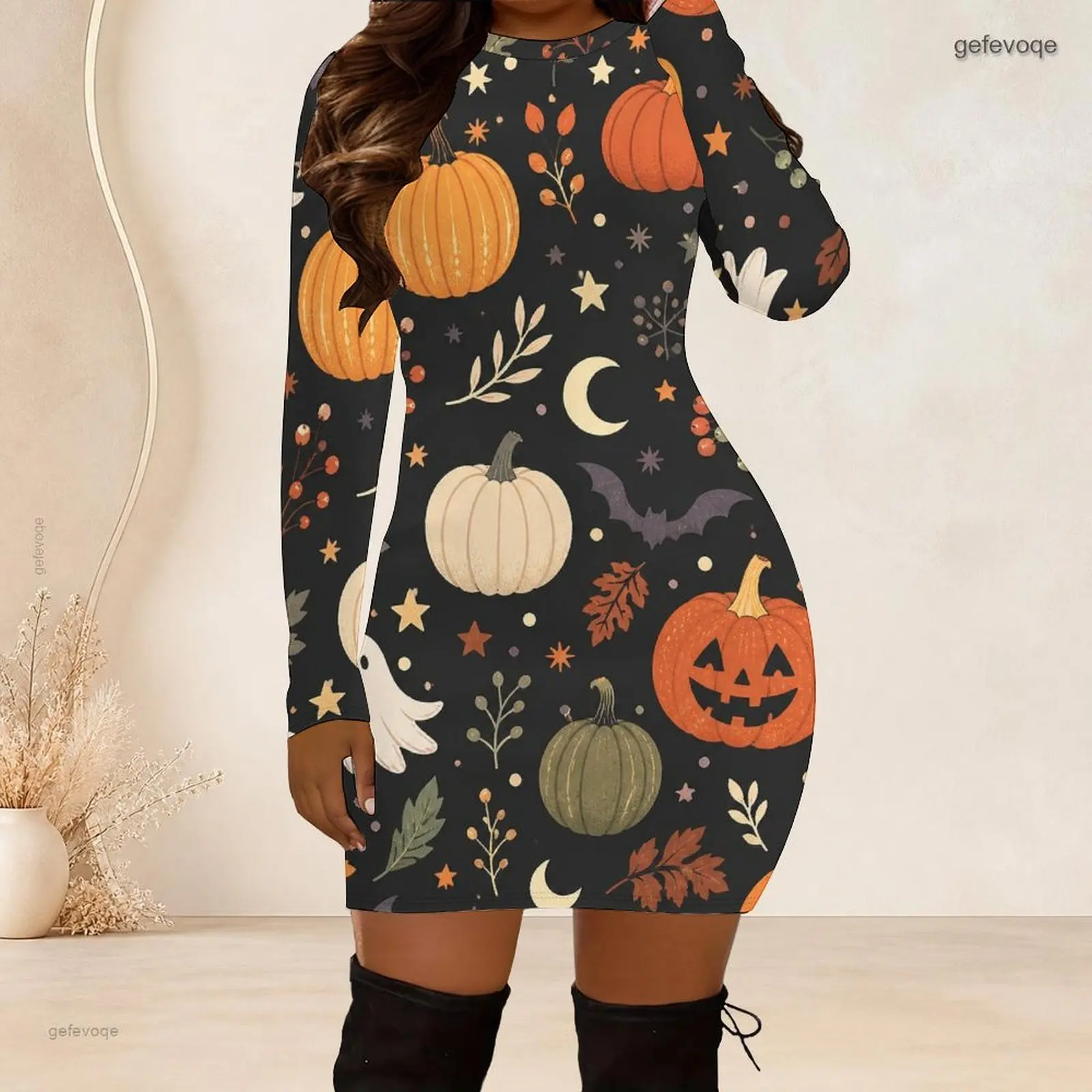 Women Crew Neck Long Sleeve Bodycon Mini Dress Slim Fitted Pencil Short Dress Custom Print Ladies Club Party Dresses