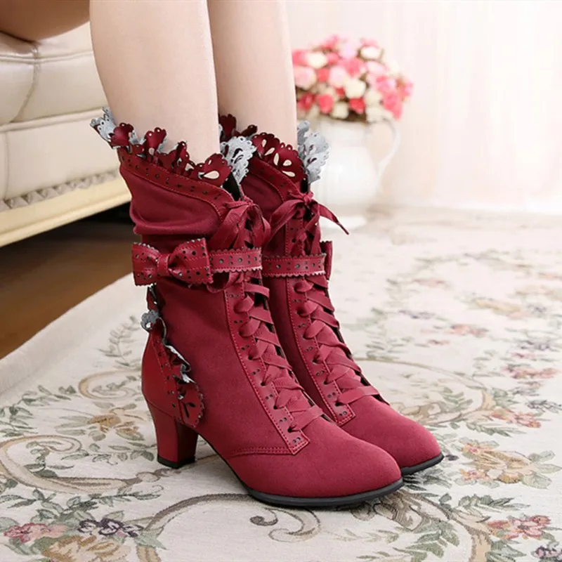 

High Heel 6cm Lolita Boot Daily Winter Dark Gothic Gorgeous Suede Large Size 33-42 Sweet Bow Shoes Tea Party Loli Short Boots