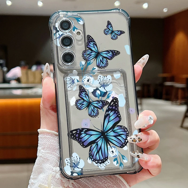Schmetterlingsdruck-Hülle für Samsung Galaxy S25 Edge S24 S22 Ultra S23 FE A17 A16 A56 A55 A35 A15 5G Kartentasche Brieftasche TPU Handyhülle