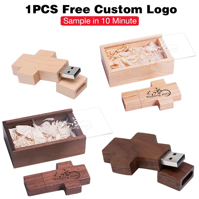 

Transparent Cover Wooden Box USB Flash Drive 64GB 128GB Free Custom Logo Memory Stick 32G 4G Acrylic Cover Wooden Cross Shape 8G