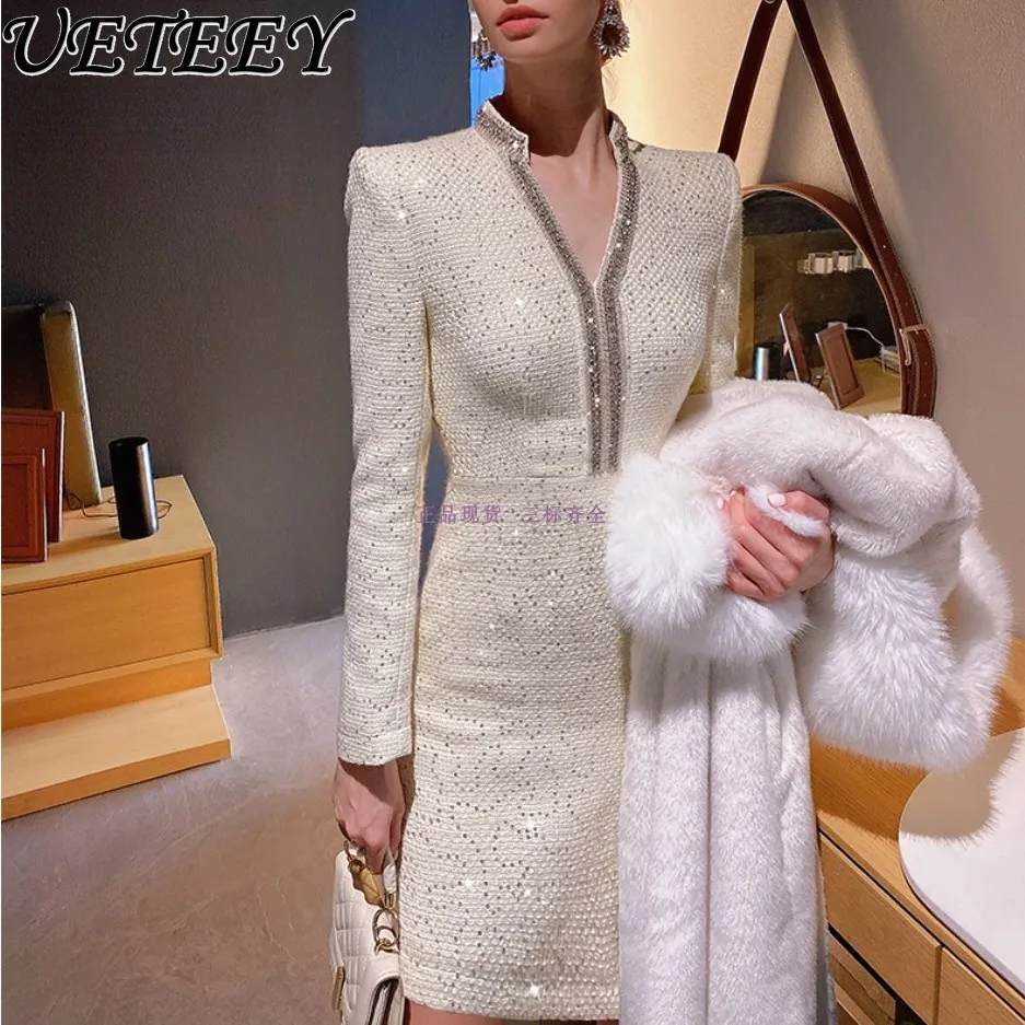 High-End Custom Tweed Dress for Women Hot Drilling Sequined V-neck Long Sleeve Woolen Dress Banquet Party Autumn Winter Vestidos