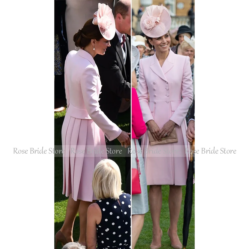Celebrity Dress Pink Pleated V Neck Long Sleeves Knee Length Short Party Gowns for Women A Line Button Classic Formal Dress Midi