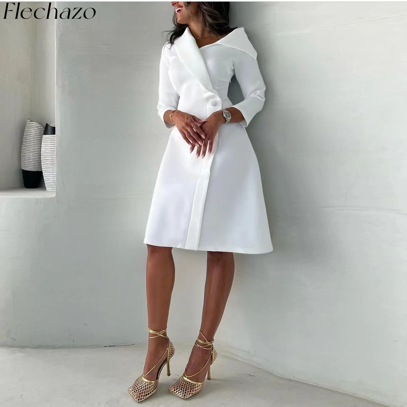 

Flechazo White Evening Dresses V Neck Knee-Length Full Sleeve A Line Wedding Party Formal Dress For Women 2024 vestidos de gala