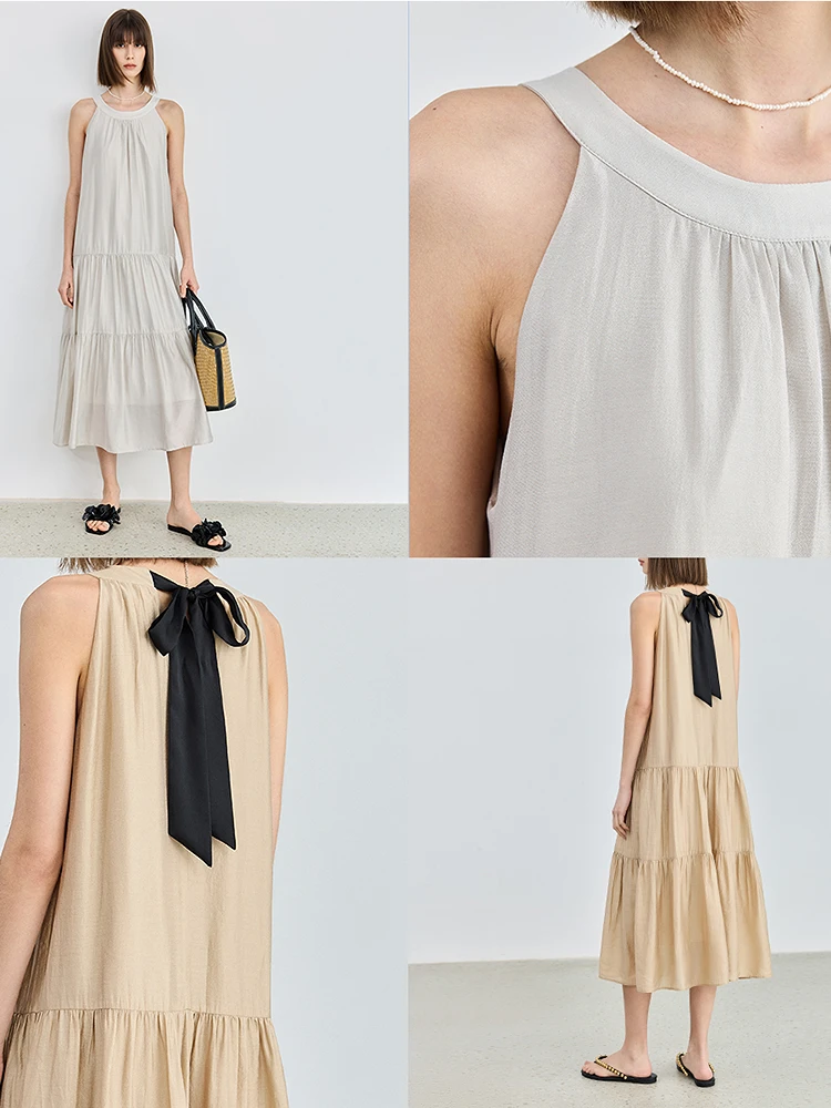 LILY Zomer Nieuwe Blauwe Jurk vrouwen Hoge Taille A-lijn Dr met Ba Strik Viscose Satijn Lange Dr OL Sle pendelen Dr