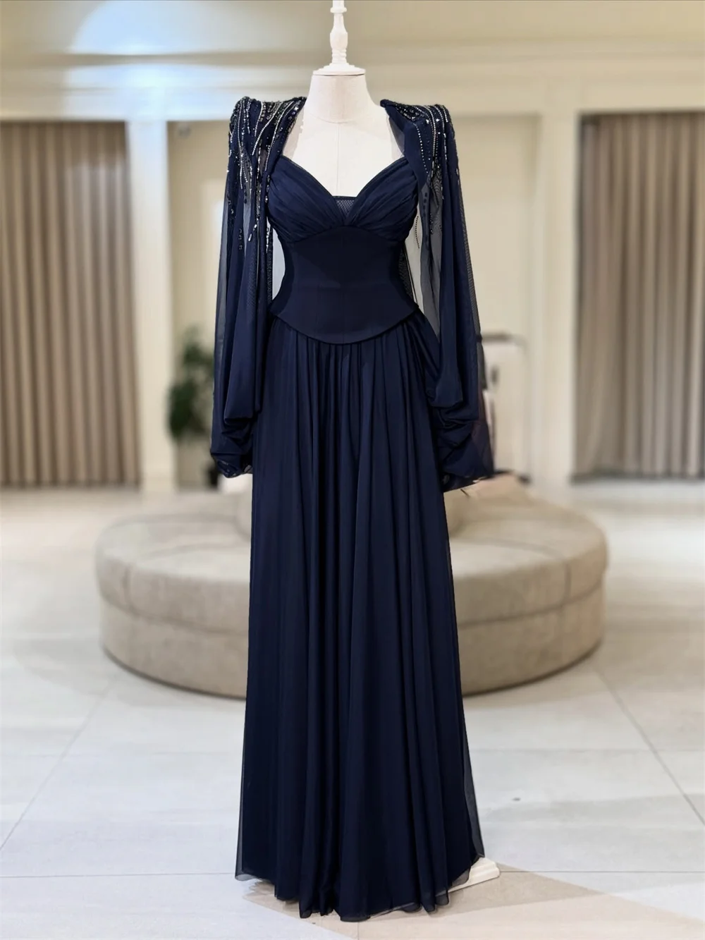 

Customized Modest Fashion Chiffon Navy Blue Beading Sequined Rhinestone A-line V-neck Long Dresses Evening Dresses High Quality