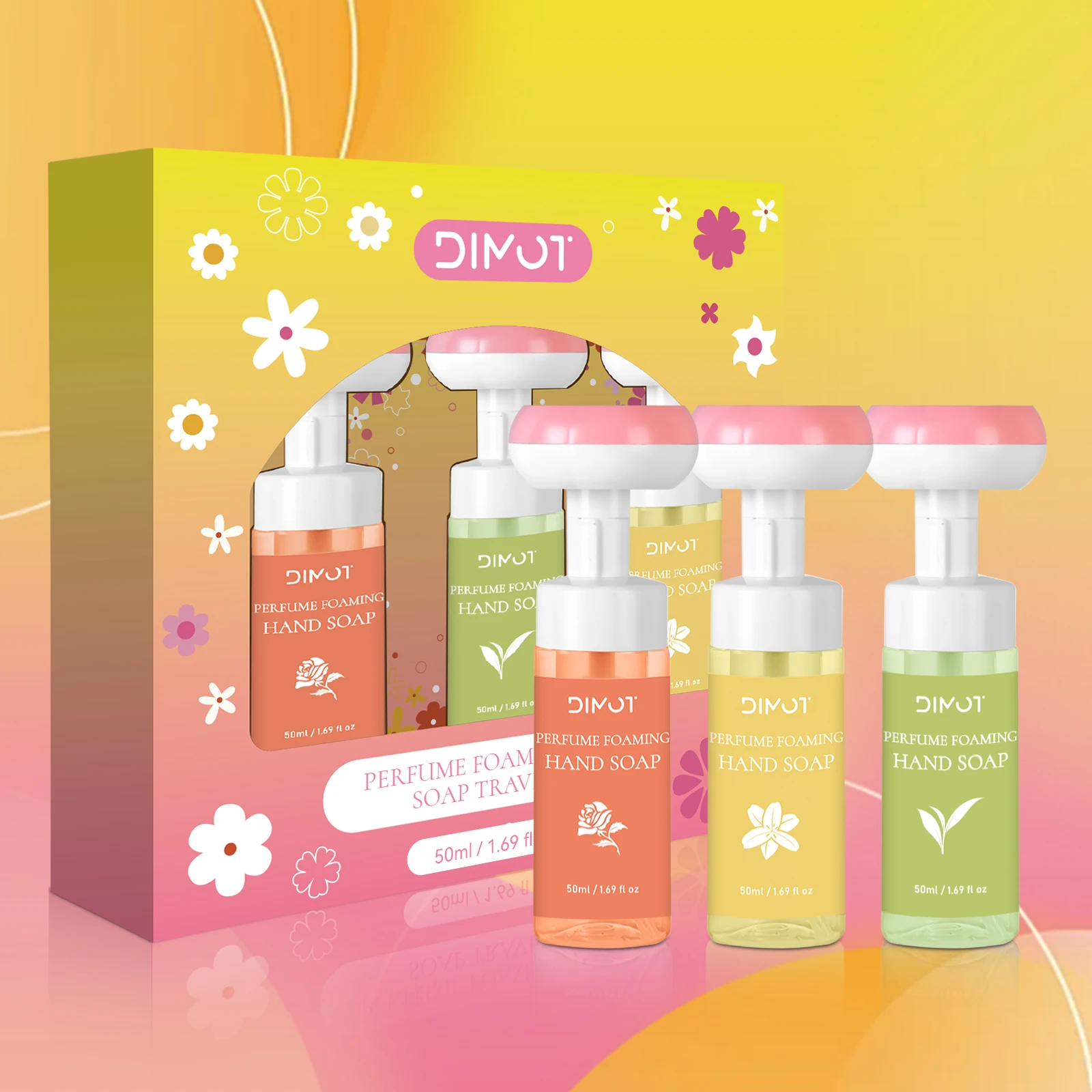 

DIMOT Perfume Foaming Hand Soap Set (50ml×3) Summer Roses, Orange Blossom, White Tea | 30min Scent Retention, Floral Cloud Foam