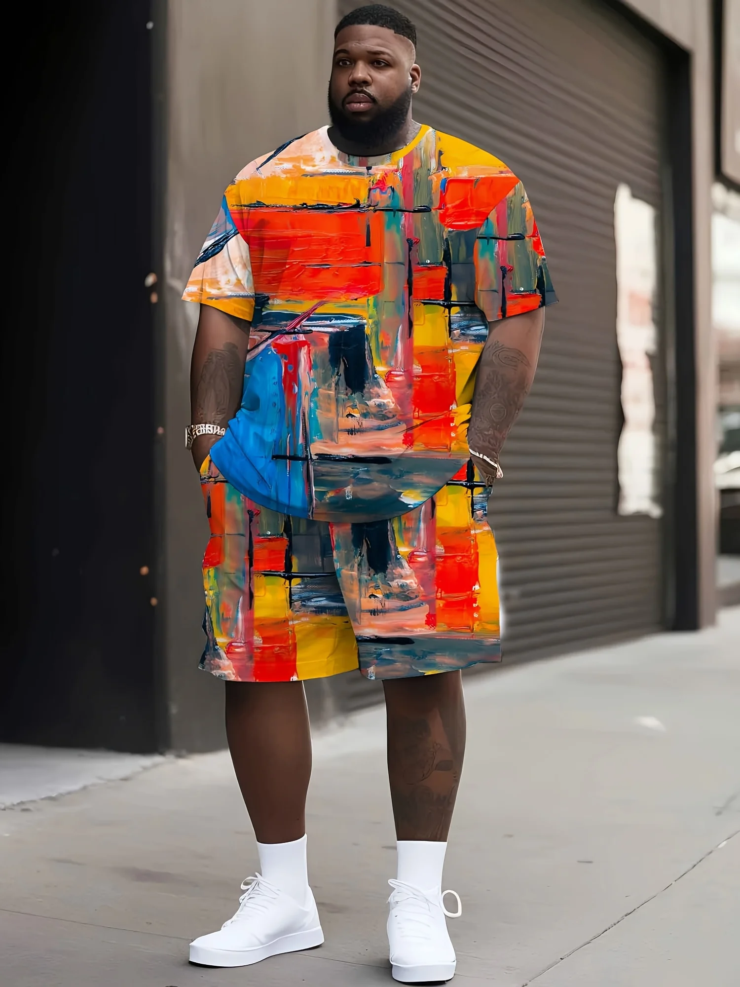 

Colorful full body printed plus size men's round neck short sleeved shorts set, trendy commuting party holiday, men's clothing