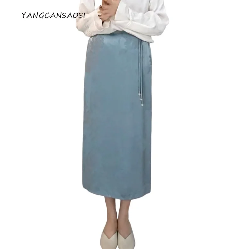 

2025 Women's Fashion Summer Clothing 100% Natural Mulberry Silk Jacquard Satin Versatile Split Solid Straight Tube Skirt