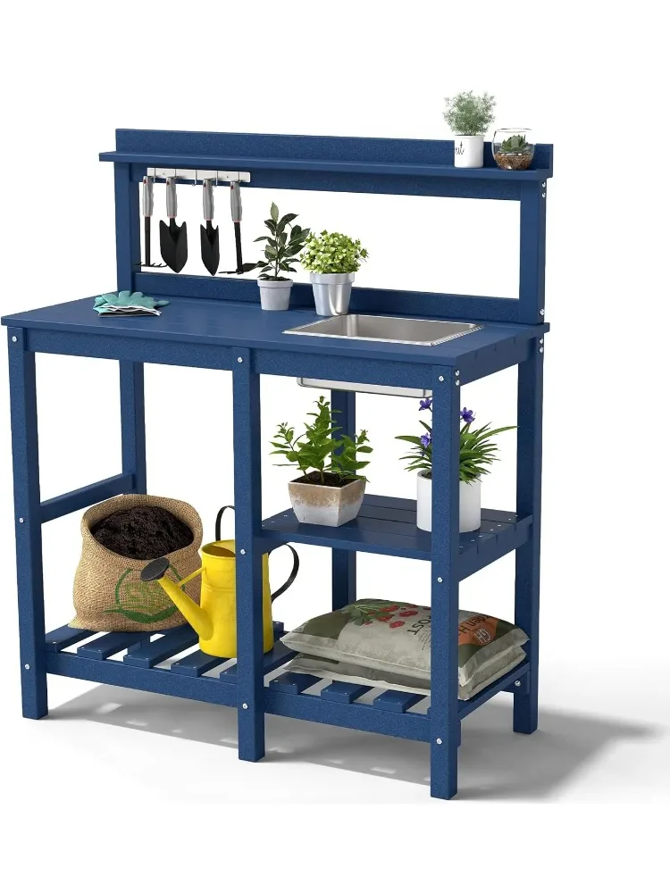 

Potting Bench, HDPE Outdoor Potting Table with Sink, All-Weather Potting Benches for Outside, Gardening Table with Storage Shel
