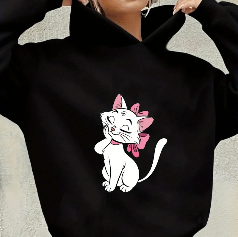 Felpa con cappuccio retrò Cat Adventure Morbida e confortevole Lavabile in lavatrice Mary Cat Pink Bow Design Autunno/Inverno