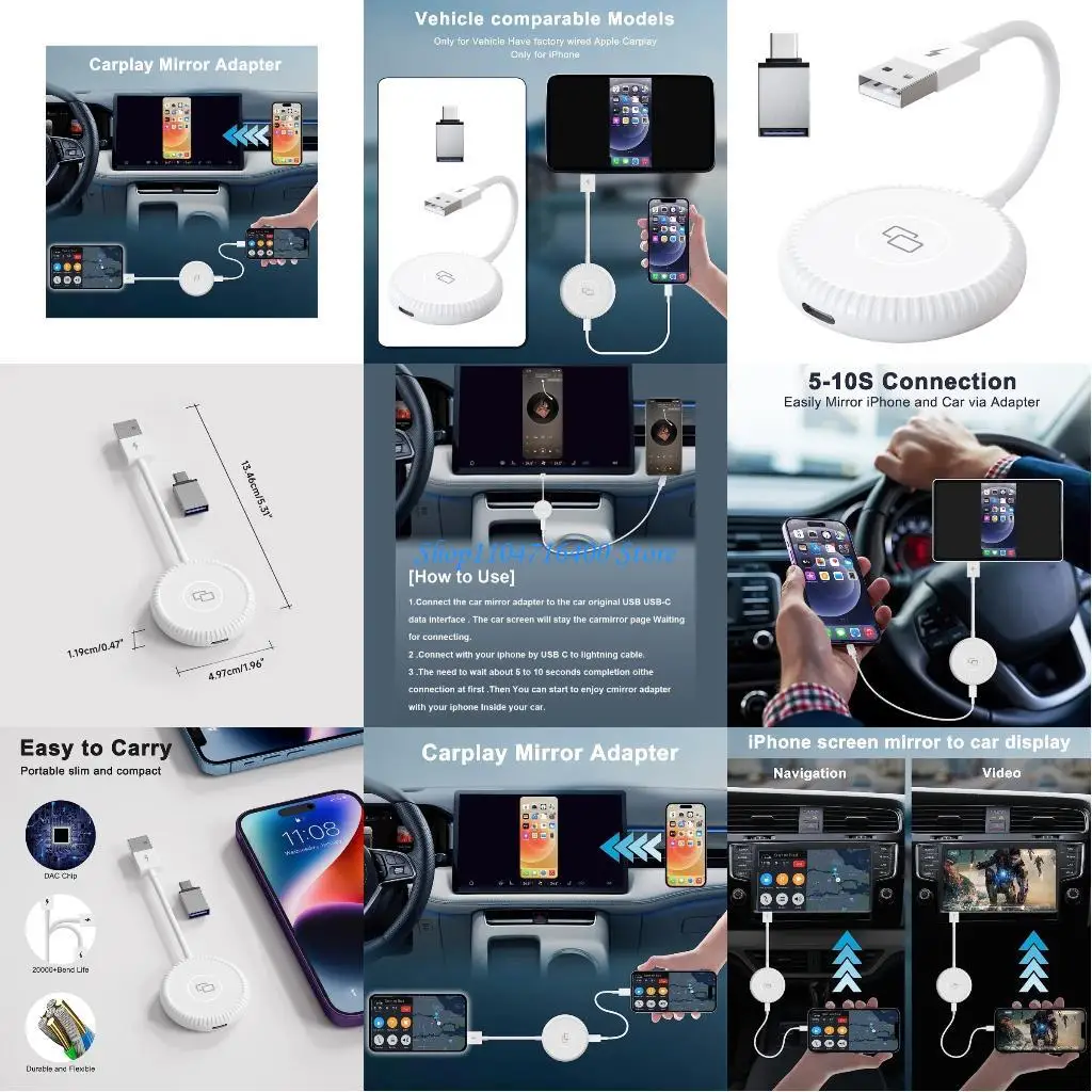 

y1gd High-DefinitionsWireless Car Play Mirror Adapter Mirroring Dongle Converter for Car Screen Support USB Universal