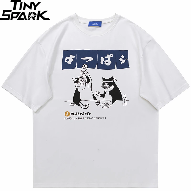 Men Tshirt Streetwear Japanese Harajuku Funny Drinking Cat T-Shirt Cotton Summer 2024 Cartoon T Shirt Unisex Hip Hop Tops Tees