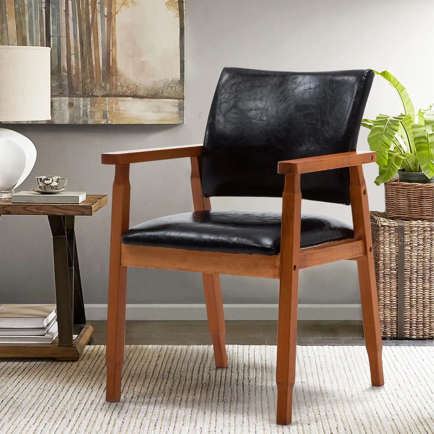 

Mid-Century Dining Side Chair with Faux Leather Seat in Black, Arm Chair in Walnut