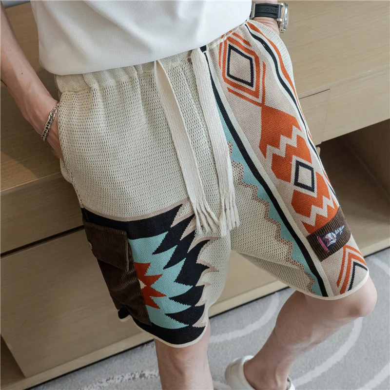 Summer Retro Contrast Colors Embroidery Casual Knee Length Floral Short Men's Beach Loose Drawstring Knitted Shorts