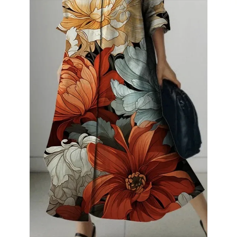 ربيع الخريف 2026 ربيع الخريف زهرة مطبوعة التلبيب فساتين ماكسي المرأة طويلة الأكمام فضفاضة امرأة واحدة الصدر قميص فستان #3