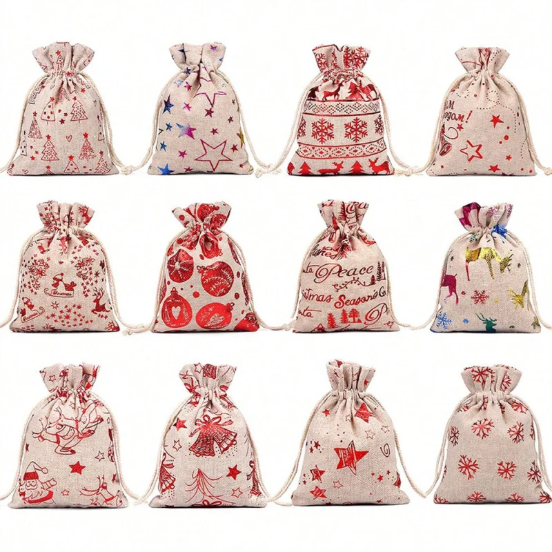 12 قطعة من أكياس هدايا عيد الميلاد من الكتان ذات الحافة الذهبية، تخزين حلوى مجوهرات العطلات، منظم صغير لحفلات الزفاف، لوازم يدوية ذاتية الصنع #4