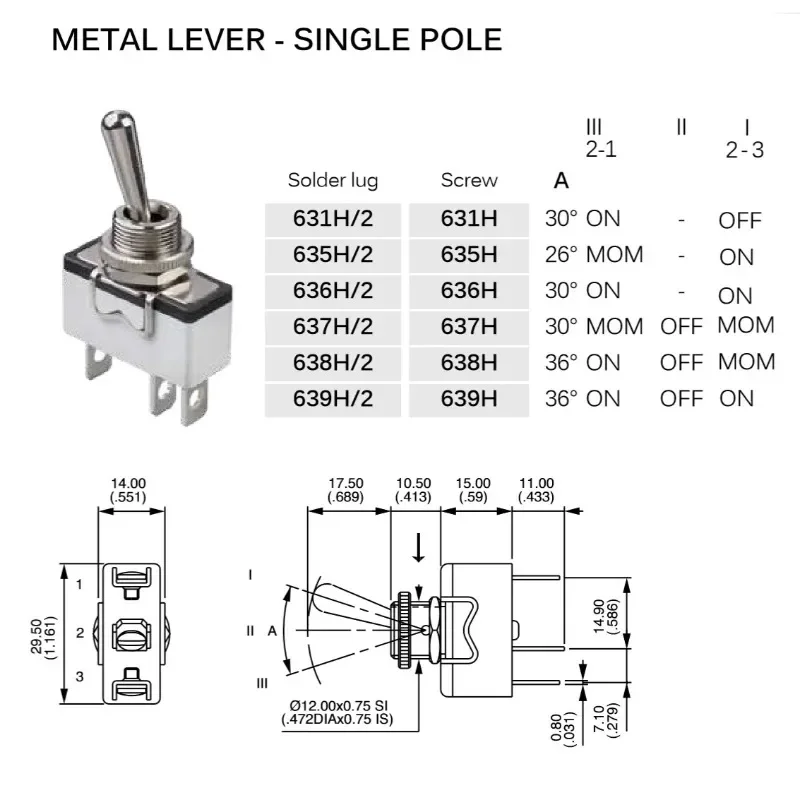 635H/2K French APEM 3-pin 2-gear single-sided reset toggle switch (ON) - ON Ø 12