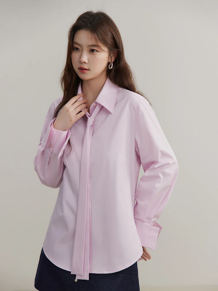 DUSHU High-end Series Egyptian Cotton Shirts Detachable Ribbon Design Long-sleeved Apricot Commute Blouses 24DS81182