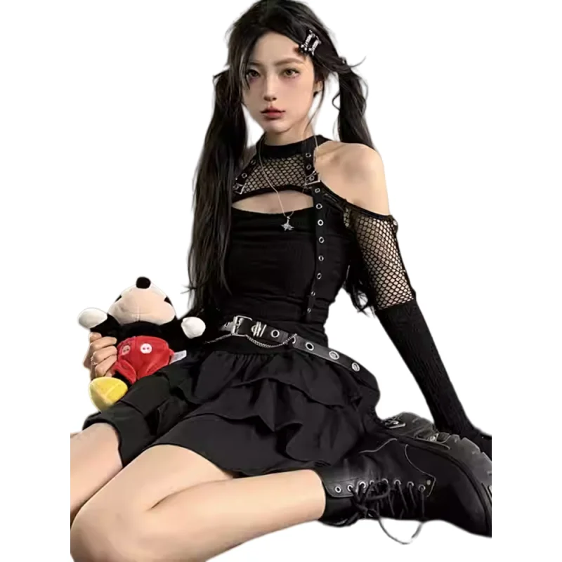 

2026 New Spring Women's Punk Gothic 2 Piece Set Fishnet Cut Out Crop Top & Ruffled Mini Skirt Dark Style Outfit