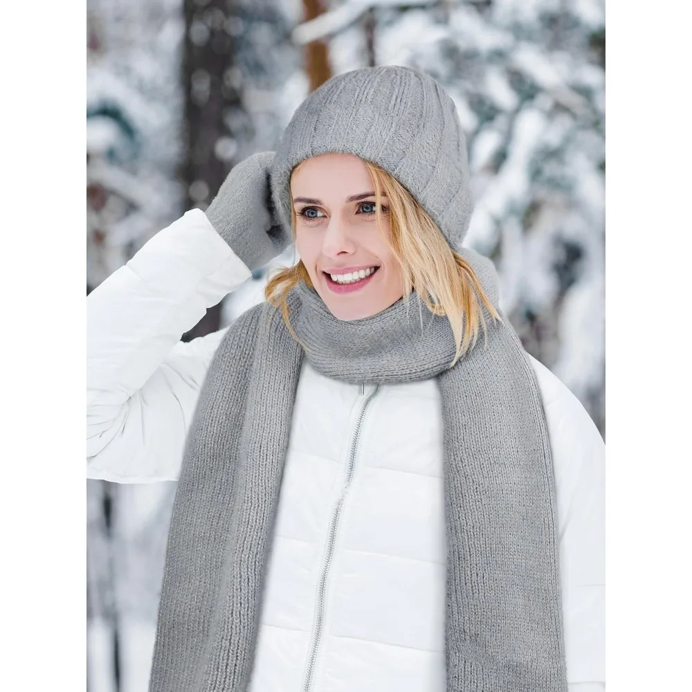 الشتاء قبعة قبعة وشاح قفازات، الدافئة الصوف متماسكة قبعة وشاح طويل الرقبة أدفأ شاشة تعمل باللمس قفازات الشتاء مجموعة هدايا للنساء #5