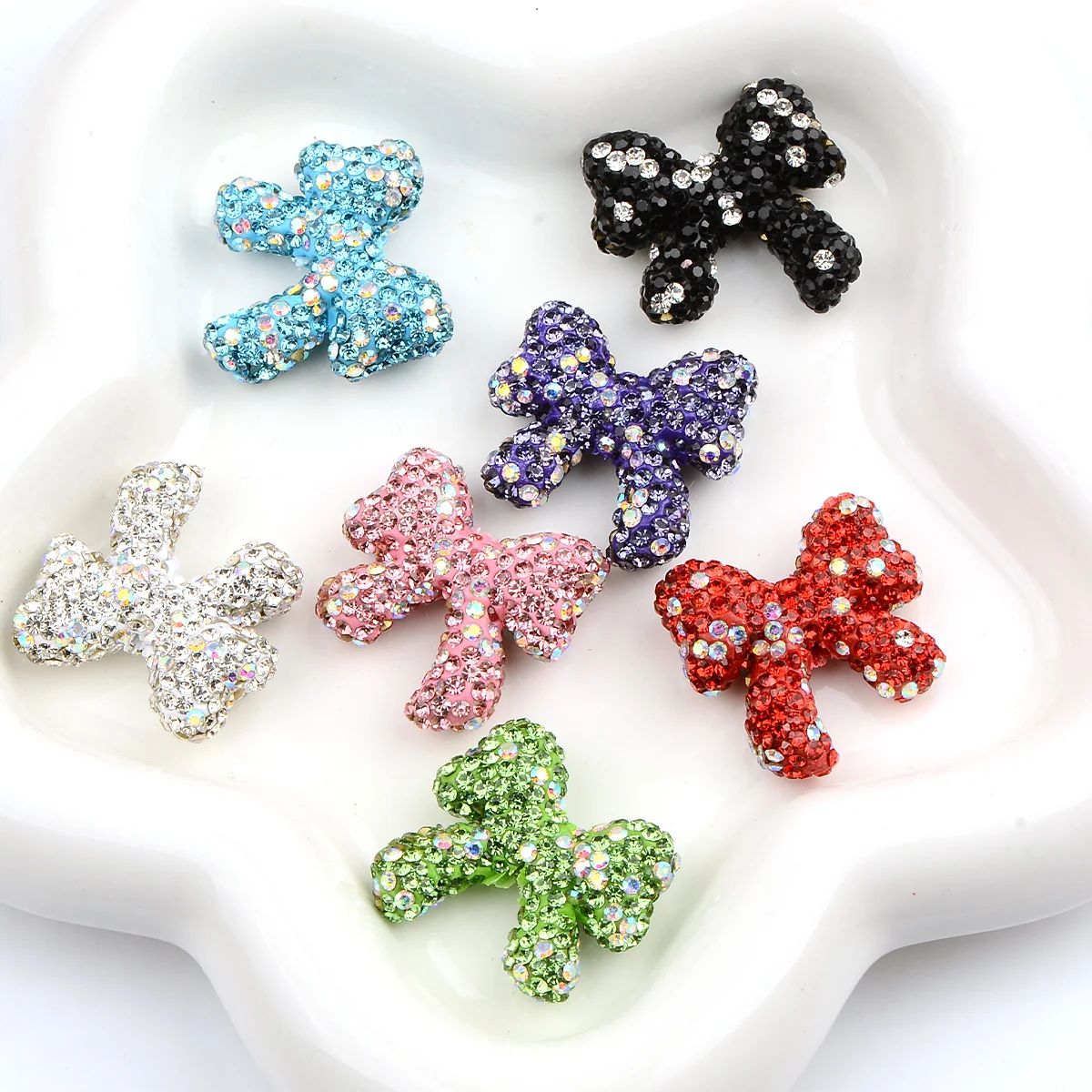 4/9pcs Random Color Rhinestone Bow Polymer Clay Beads 26*28mm Loose Spacer Beads For Bracelet Pen Jewelry DIY Craft Making