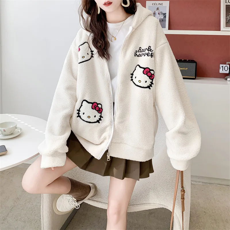 Hello Kitty 2024 New Plush Jacket Women Kawaii Winter Loose Long Sleeve Cardigan Coat Girls Casual Soft Warm Thick Hoodies Gifts