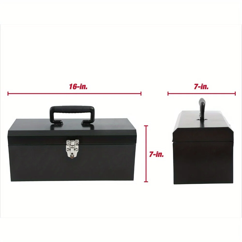 16-inch black metal tool box with removable tool tray for durable and convenient storage space for professional craftsmen