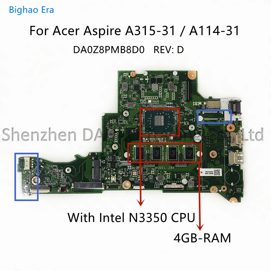 DA0Z8PMB8D0 For Acer Aspire A315-31 A114-31 Laptop Motherboard With Intel N3350/N4200 CPU 2GB/4GB Memory 32GB/64GB SSD 100% Test