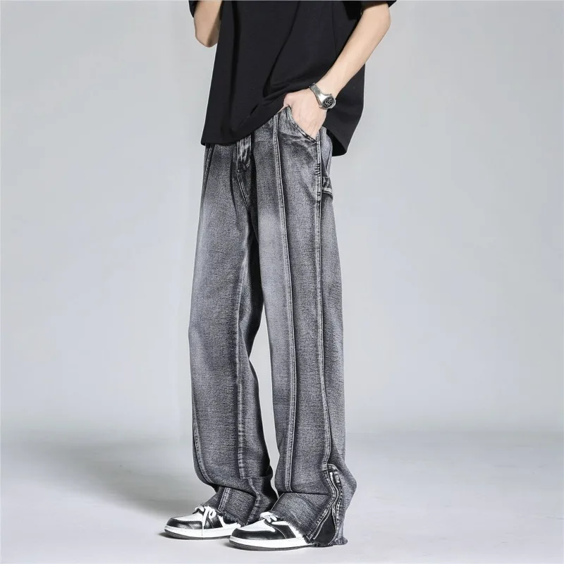 

Vintage High Street Style Loose Fit Men's Jeans Bell Bottom Workwear Pants Autumn Fashion Trendy Brand American Style Denim Pant