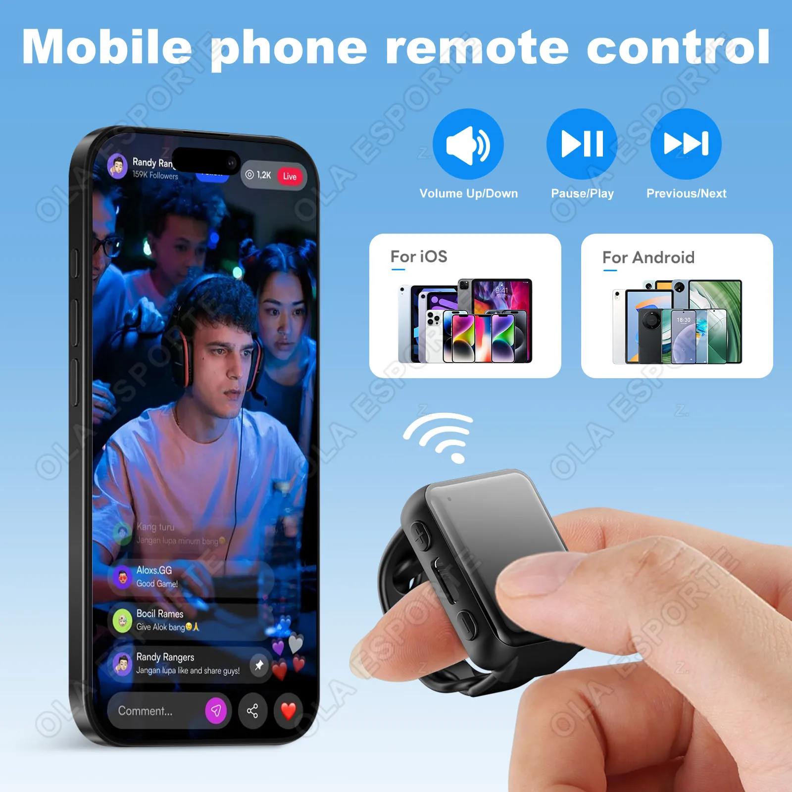 

Пульт дистанционного управления для iPhone и iPad, беспроводное Bluetooth-кольцо для перелистывания страниц, просмотра видео и электронных книг, кольцо-пульт для управления с помощью пальцев