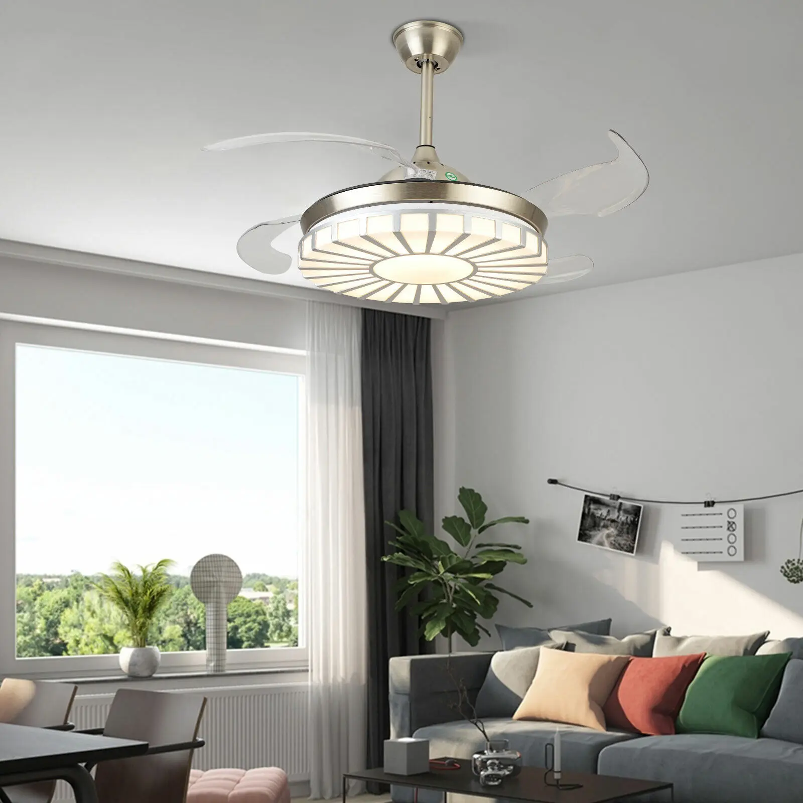 

42 Inch Crystal Modern Chandelier Ceiling Fan with Light LED Invisible 4 Retractable Blades Pendant Lamp Remote Control