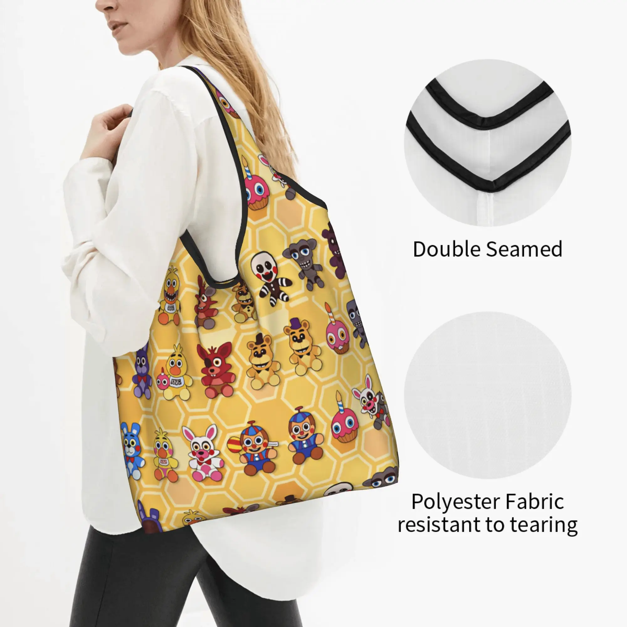 Recycling Game F-FNAF Cartoon Shopping Bag Women Tote Bag Portable Anime Grocery Shopper Bags