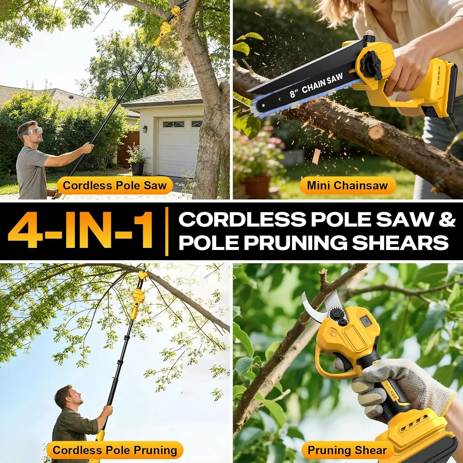 Cordless Pole Saw Electric Pruning Shears Combo 20V Battery Brushless 8 Inch Mini Chainsaw 158 FT Max Reach Tree Trimmer Branch