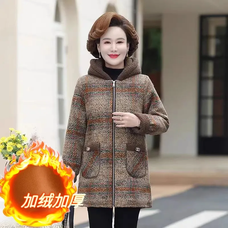 Large Size 5XL Women\'s Clothing Middle-Elderly Mothers Autumn And Winter Plush And Thick Coat Women\'s Loose Hooded Jacket Cotton