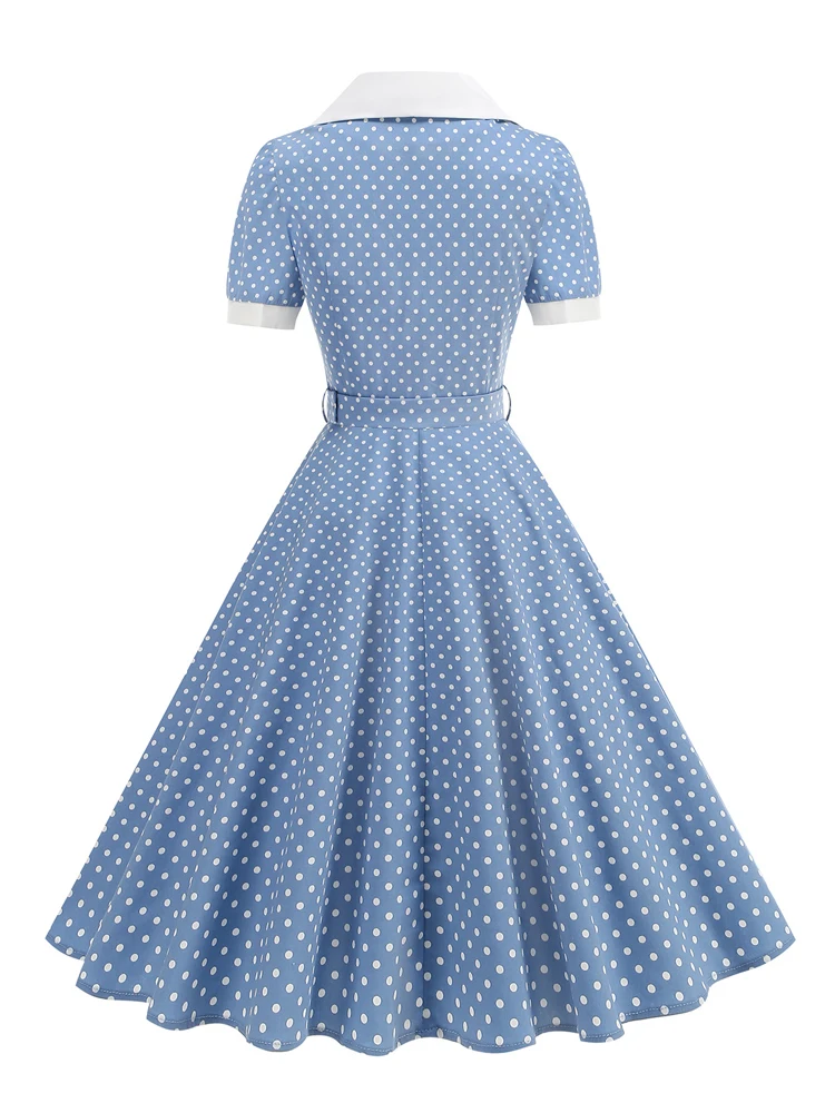Tonval Retro-Kleider für Damen, 2025, Umlegekragen, Knöpfe vorne, Gürtel, gepunktet, Baumwolle, Rockabilly-Flare-Midikleid – Detail 5