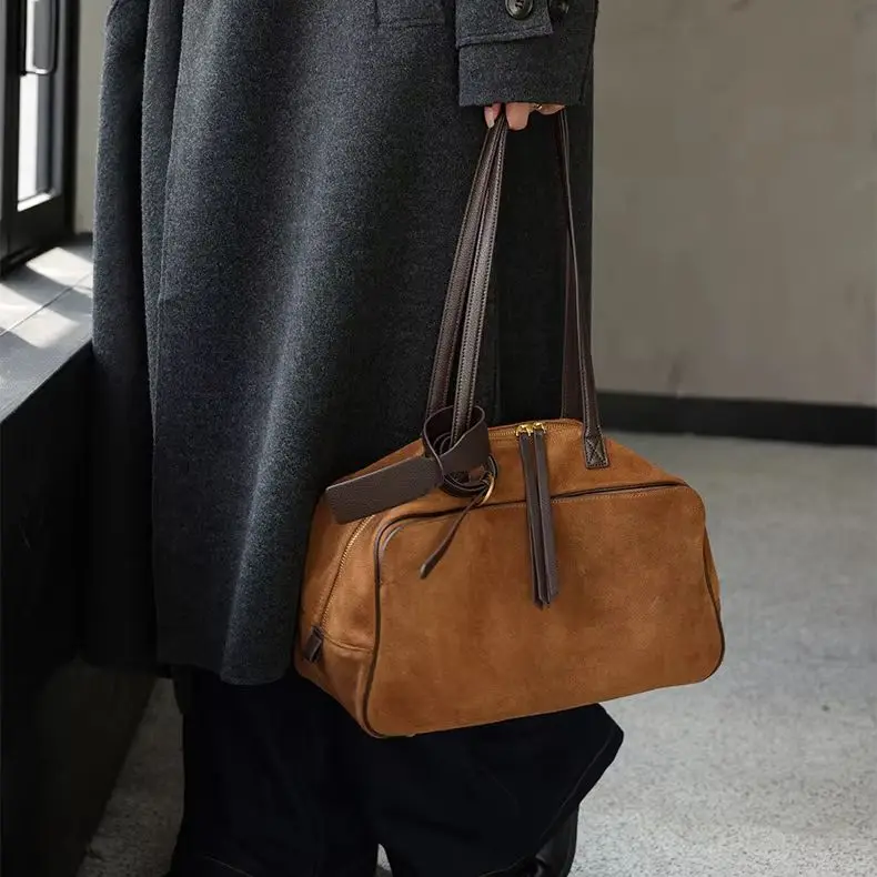 Faux Leather Bowling Tote Bag: Vintage-style, Large Capacity, Commuter Shoulder Bag Durable