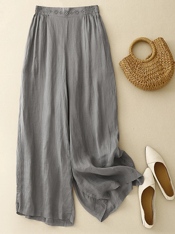 Ele Embroidered Wide Leg Pants Women's Summer Lightweight Drifting Double Layer Linen Straight Long Casual Skirt Pants