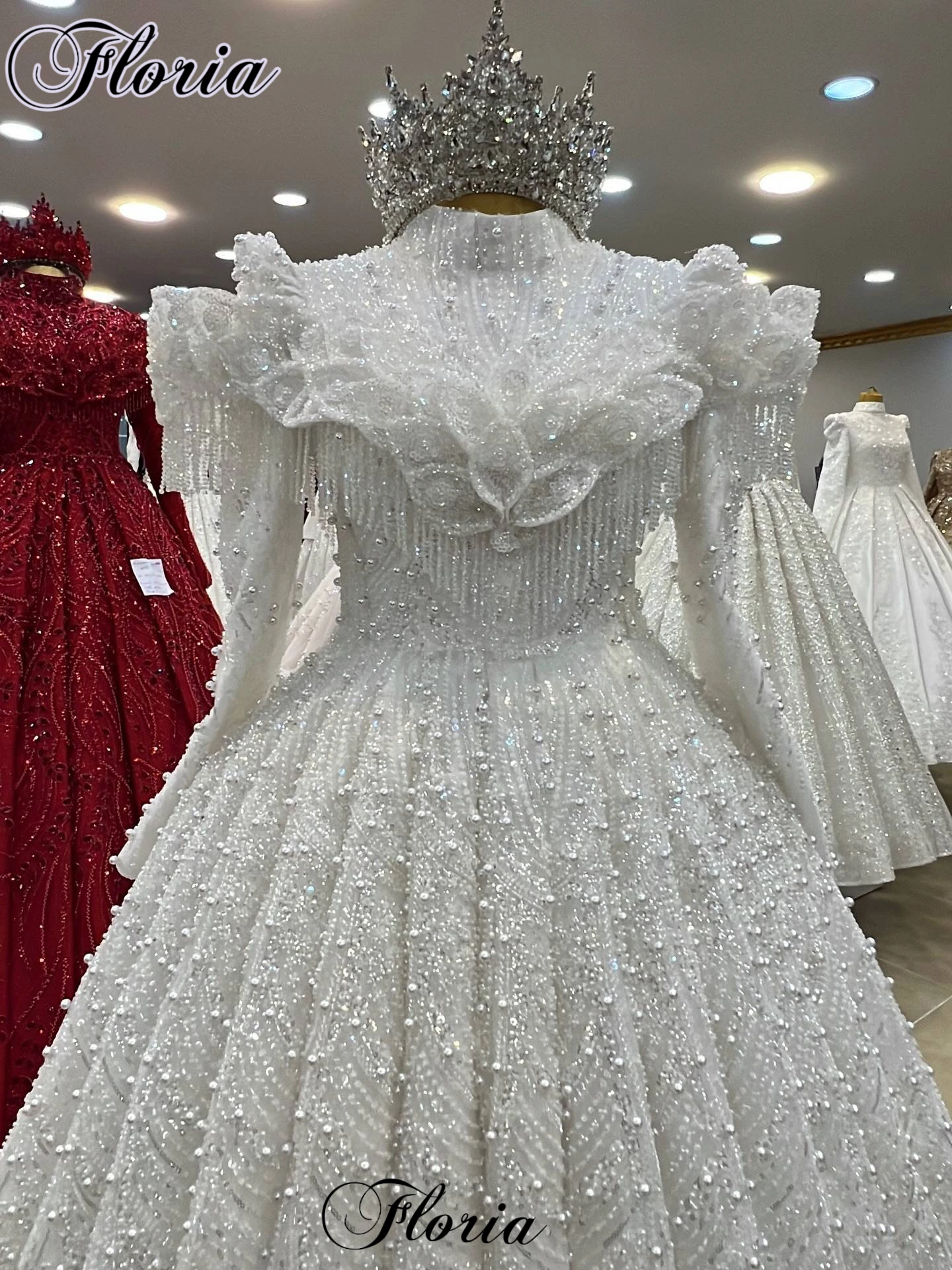 Weiße Hochzeitskleider für Muslime im Nahen Osten, elegante Brautkleider mit langen Ärmeln und Perlen, Brautkleider, Vestido Blanco, individuell gestaltet